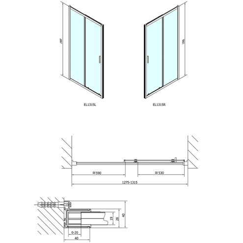 POLYSAN EASY LINE sprchové dveře 130x190 cm, posuvné, aluchrom/čiré sklo EL1315 Technický nákres