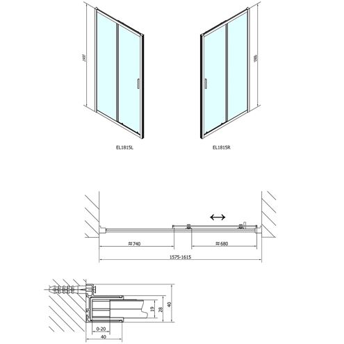 POLYSAN EASY LINE sprchové dveře 160x190 cm, posuvné, aluchrom/čiré sklo EL1815 Technický nákres