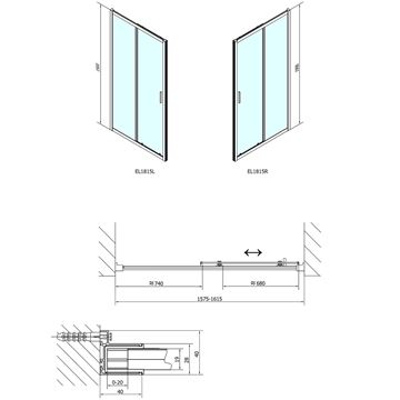 POLYSAN EASY LINE sprchové dveře 160x190 cm, posuvné, aluchrom/čiré sklo EL1815 Technický nákres