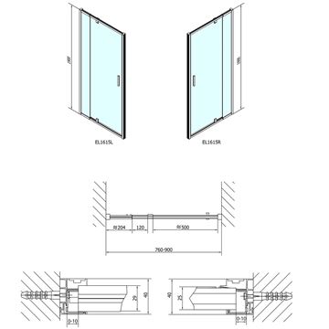 POLYSAN EASY LINE sprchové dveře 90x190 cm, lítací, aluchrom/čiré sklo EL1615 Technický nákres