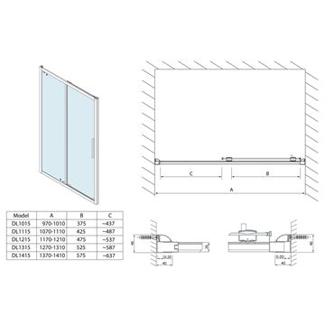 POLYSAN LUCIS LINE sprchové dveře 100x200 cm, posuvné, leštěný hliník/čiré sklo DL1015 Technický nákres