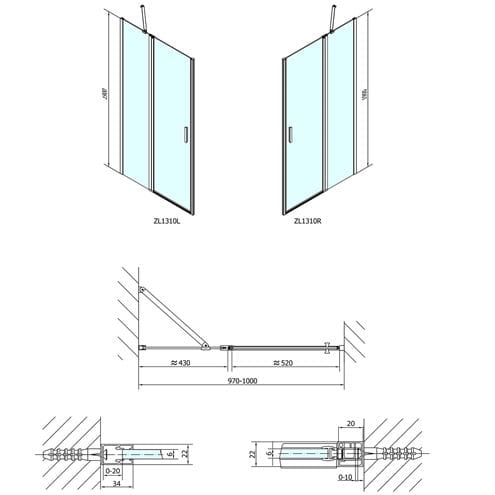 POLYSAN ZOOM LINE sprchové dveře 100x190 cm, lítací, chrom/čiré sklo ZL1310 Technický nákres
