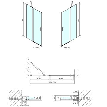 POLYSAN ZOOM LINE sprchové dveře 100x190 cm, lítací, chrom/čiré sklo ZL1310 Technický nákres
