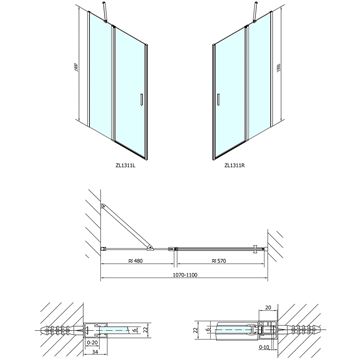 POLYSAN ZOOM LINE sprchové dveře 110x190 cm, lítací, chrom/čiré sklo ZL1311 Technický nákres