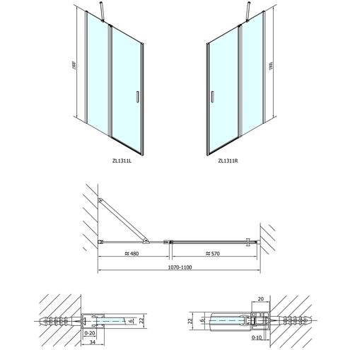 POLYSAN ZOOM LINE sprchové dveře 110x190 cm, lítací, chrom/čiré sklo ZL1311 Technický nákres