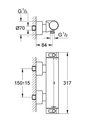 GROHE GROHTHERM 2000 NEW sprchová nástěnná termostatická baterie, chrom 34169001 Technický nákres