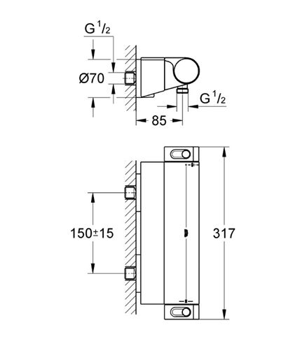 GROHE GROHTHERM 2000 NEW sprchová nástěnná termostatická baterie, Water Saving, chrom 34469001 Technický nákres