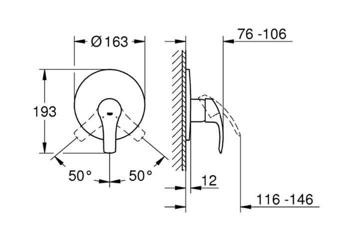 GROHE EUROSMART sprchová podomítková baterie, chrom 19451002 Technický nákres
