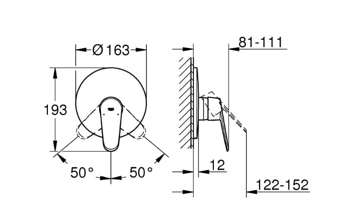 GROHE EURODISC COSMOPOLITAN sprchová podomítková baterie, chrom 19549002 Technický nákres
