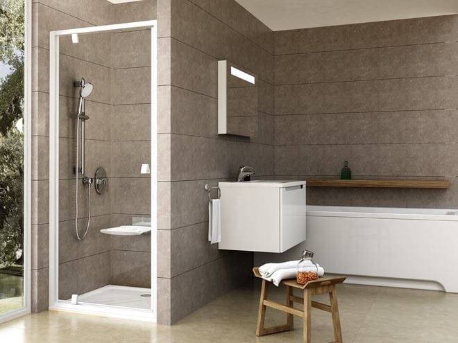 RAVAK PIVOT PDOP1 90 sprchové dveře 90x190 cm, pivotové, bílá/bílá/sklo transparent 03G70101Z1 Obrázek - fotka
