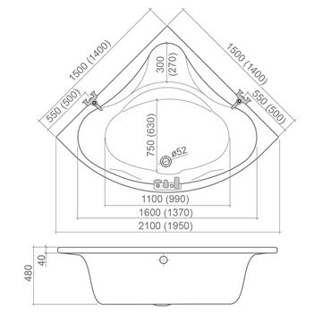 ROTH SABRINA NEO 150 rohová vana 150x150 cm, bez nožiček, akrylát 9630000 Technický nákres