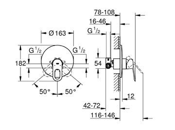 GROHE BAULOOP sprchová podomítková baterie, s tělesem, chrom 29080000 Technický nákres