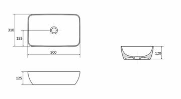 RAVAK UNI 500 R SLIM umyvadlová mísa 50 cm, bez přepadu, lesklá černá XJX03150000 Technický nákres