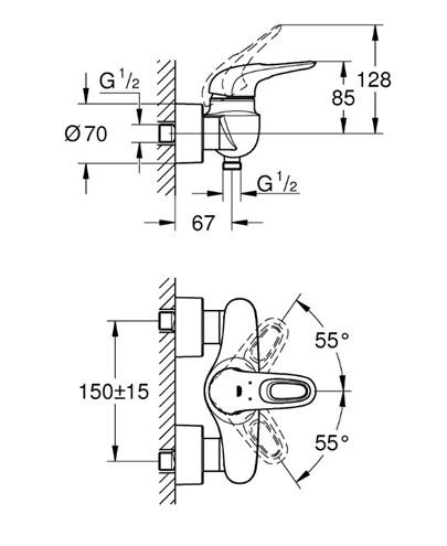 GROHE EUROSTYLE sprchová nástěnná baterie, měsíční bílá/chrom 33590LS3 Technický nákres