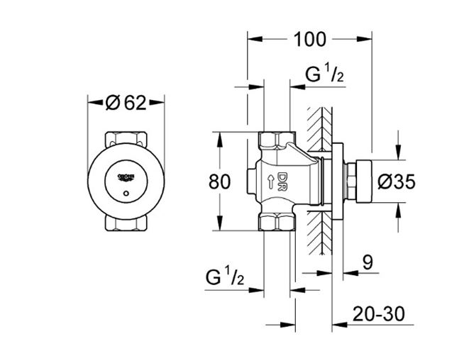 GROHE EUROECO COSMOPOLITAN T sprchová podomítková samouzavírací baterie, pro jednu vodu, s tělesem, chrom 36268000 Technický nákres