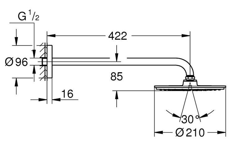 GROHE RAINSHOWER COSMOPOLITAN 210 horní sprcha pr. 210 mm, s ramenem, chrom 26171000 Technický nákres