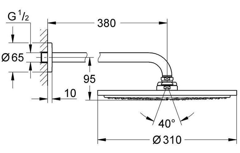 GROHE RAINSHOWER COSMOPOLITAN 310 horní sprcha pr. 310 mm, s ramenem, Water Saving, chrom 26066000 Technický nákres