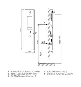 AZP BRNO termostatický sprchový panel se senzorem, napájení ze sítě, nerez AUS 3 Technický nákres