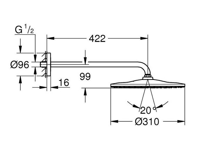GROHE RAINSHOWER MONO 310 horní sprcha pr. 310 mm, s ramenem, chrom 26557000 Technický nákres