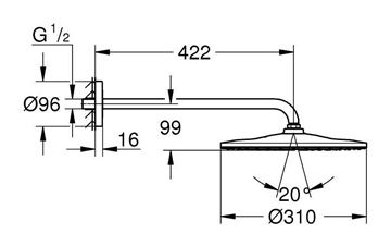 GROHE RAINSHOWER MONO 310 horní sprcha pr. 310 mm, s ramenem, Water Saving, phantom black 22121KF0 Technický nákres