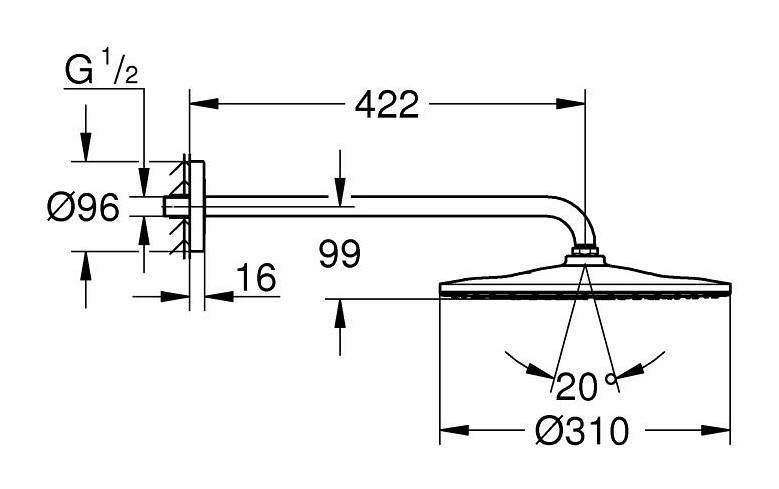 GROHE RAINSHOWER MONO 310 horní sprcha pr. 310 mm, s ramenem, Water Saving, phantom black 22121KF0 Technický nákres