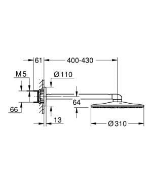 GROHE RAINSHOWER SMARTACTIVE 310 horní sprcha pr. 310 mm, 2 proudy, s ramenem, phantom black 22123KF0 Technický nákres