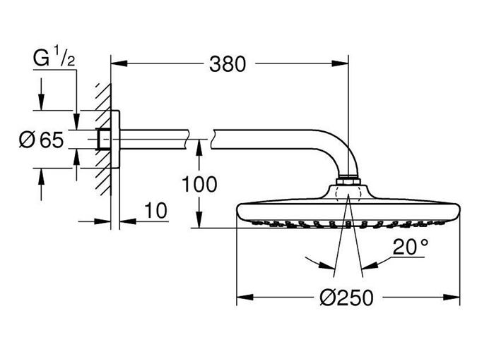 GROHE TEMPESTA 250 horní sprcha pr. 250 mm, s ramenem, Water Saving, bílá/chrom 26668000 Technický nákres