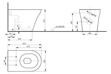 TOTO MH stacionární WC, Rimless splachování, zadní odpad CW163Y Technický nákres