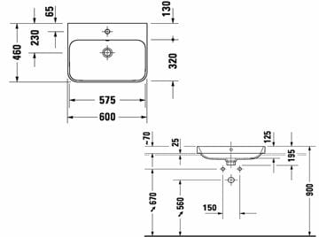 DURAVIT HAPPY D.2 PLUS umyvadlo 60 cm, s otvorem pro baterii a přepadem, bílá/matná černá 2360606100 Technický nákres