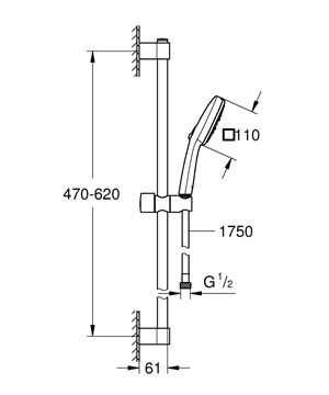 GROHE TEMPESTA CUBE 110 sprchová souprava 3-dílná, ruční sprcha 110x110 mm, 3 proudy, hadice, tyč, Water Saving, chrom 27579003 Technický nákres