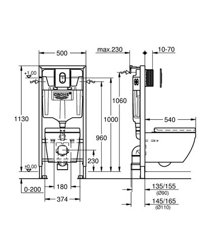 GROHE RAPID SL závěsné WC s montážním prvkem GROHE RAPID SL, Rimless splachování, SoftClose sedátko, chromové tlačítko 36503000 Technický nákres