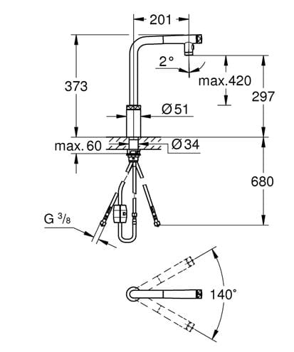GROHE SMARTCONTROL dřezová baterie, s vytahovací sprškou, chrom 31889000 Technický nákres