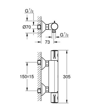 GROHE GROHTHERM 800 sprchová nástěnná termostatická baterie, Water Saving, matná černá 1022022430 Technický nákres