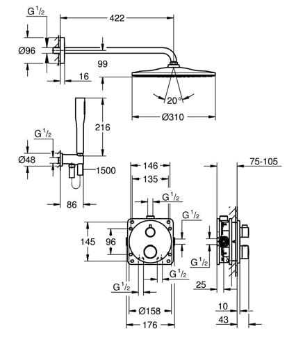 GROHE GROHTHERM sprchový set s podomítkovou termostatickou baterií, horní sprcha, ruční sprcha, hadice, držák, chrom 34869000 Technický nákres