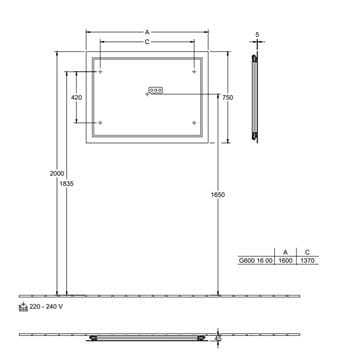VILLEROY & BOCH FINION zrcadlo 160x75 cm, s osvětlením, s regulací teploty světla G6001600 Technický nákres
