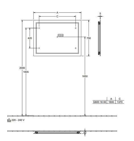 VILLEROY & BOCH FINION zrcadlo 160x75 cm, s osvětlením, s regulací teploty světla G6001600 Technický nákres