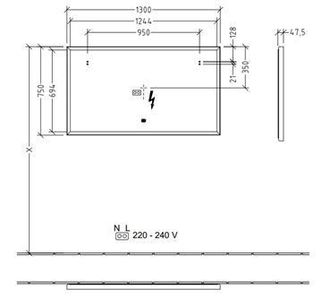 VILLEROY & BOCH SUBWAY 3.0 zrcadlo 130x75 cm, s osvětlením, s regulací stmívání a teploty světla, se senzorem A4631300 Technický nákres