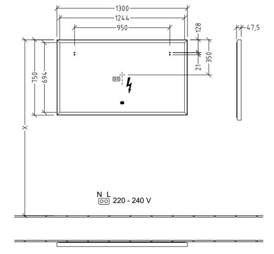 VILLEROY & BOCH SUBWAY 3.0 zrcadlo 130x75 cm, s osvětlením, s regulací stmívání a teploty světla, se senzorem A4631300 Technický nákres