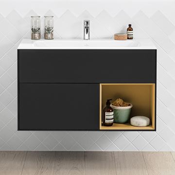 VILLEROY & BOCH FINION skříňka pod umyvadlo 99,6x49,8x59,1 cm, 3 zásuvky, 1 police, Push-open, s osvětlením, Black Matt Lacquer/Gold Matt G040HFPD Obrázek - fotka