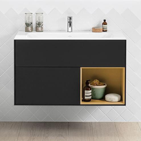 VILLEROY & BOCH FINION skříňka pod umyvadlo 99,6x49,8x59,1 cm, 3 zásuvky, 1 police, Push-open, s osvětlením, Black Matt Lacquer/Gold Matt G040HFPD Obrázek - fotka