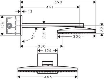 AXOR SHOWER SOLUTIONS 460/300 3JET horní sprcha 466x300 mm, 3 proudy, s ramenem, chrom 35282000 Technický nákres