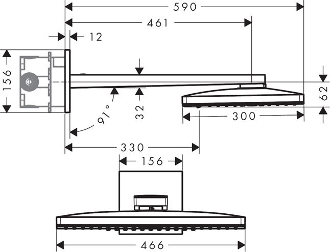 AXOR SHOWER SOLUTIONS 460/300 3JET horní sprcha 466x300 mm, 3 proudy, s ramenem, chrom 35282000 Technický nákres