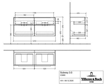 VILLEROY & BOCH SUBWAY 3.0 skříňka pod dvojumyvadlo 127,2x47,8x57,6 cm, 4 zásuvky, Brilliant White C56800VE Technický nákres