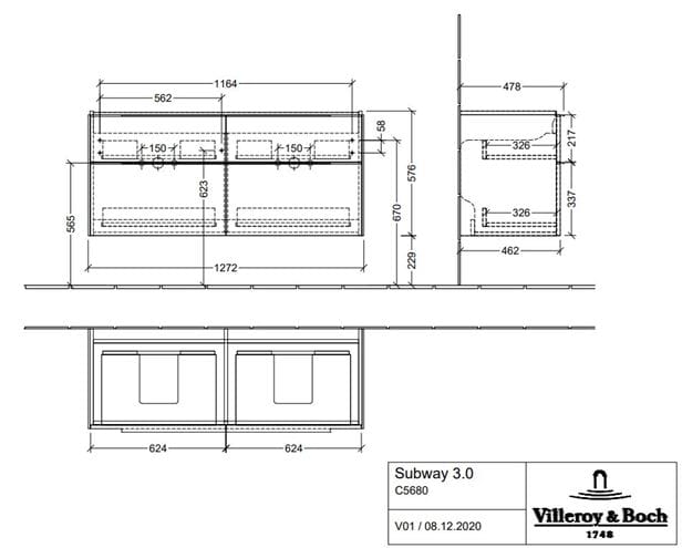 VILLEROY & BOCH SUBWAY 3.0 skříňka pod dvojumyvadlo 127,2x47,8x57,6 cm, 4 zásuvky, Brilliant White C56800VE Technický nákres