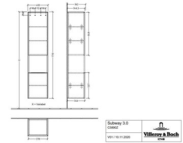 VILLEROY & BOCH SUBWAY 3.0 vysoká skříňka 40x36,2x171 cm, 2 dvířka, 1 police, panty vpravo, Brilliant White C58900VE Technický nákres
