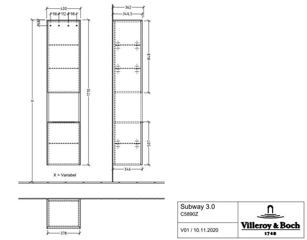 VILLEROY & BOCH SUBWAY 3.0 vysoká skříňka 40x36,2x171 cm, 2 dvířka, 1 police, panty vpravo, Brilliant White C58900VE Technický nákres