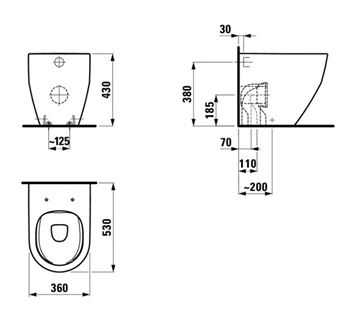 LAUFEN PRO stacionární WC, Rimless splachování, zadní a spodní odpad  H8229560000001 Technický nákres
