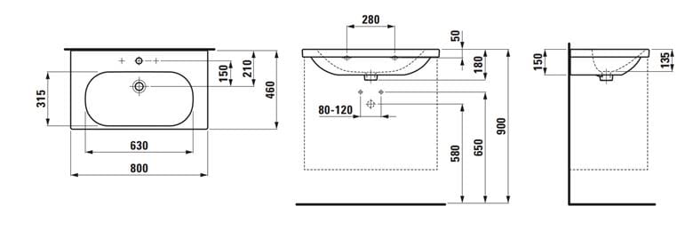 LAUFEN LUA umyvadlo 80 cm, s otvorem pro baterii a přepadem H8100870001041 Technický nákres