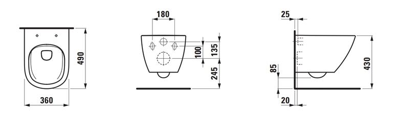 LAUFEN LUA závěsné WC, Rimless splachování H8200830000001 Technický nákres