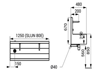 SANELA mycí žlab 125 cm, 2 termostatické senzorové baterie, napájení ze sítě, antivandal, nerez SLUN 80ET Technický nákres
